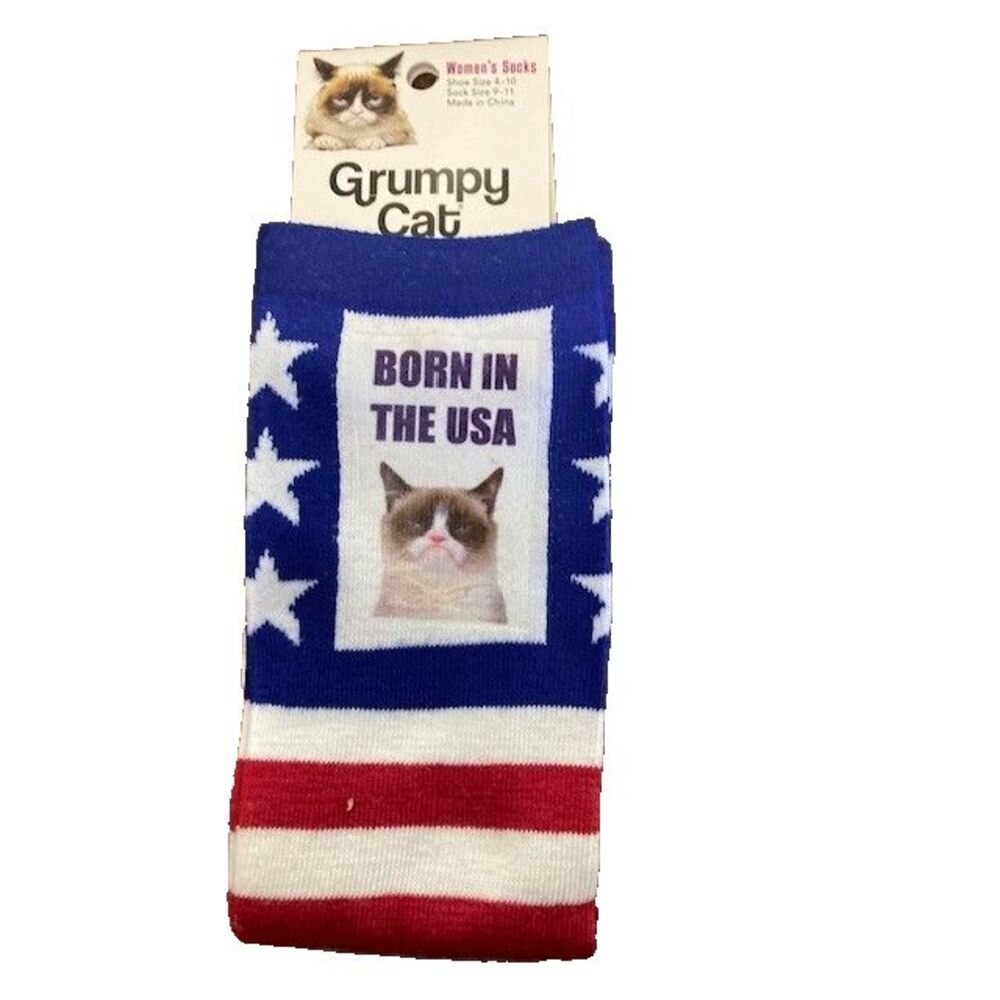 Grumpy Cat Born in the USA Patriotic American Flag Women Socks Size 4-10 NEW